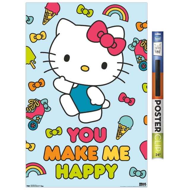Hello Kitty - Happy Wall Poster, 22.375" x 34" featuring a front-facing Hello Kitty in a blue outfit and red bow, surrounded by colorful ice cream cones, roller skates, rainbows, and bows on a light blue background, with the phrase 'YOU MAKE ME HAPPY' in pink, orange, and yellow letters, suitable for bedroom or kid's room decor.