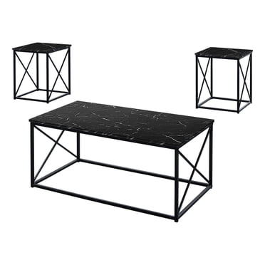 Monarch Specialties Table Set, 3pcs Set, Coffee, End, Side, Accent, Living Room, Metal, Laminate, Black Marble Look, Contemporary, Modern