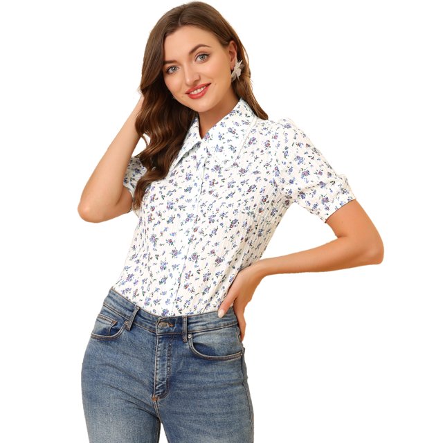 INSPIRE CHIC Women's Floral Cotton Lace Trim Panel Point Collar Button Down Shirt