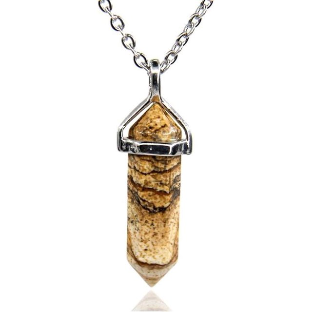 Angelstones Picture Jasper Gemstone Hexagonal Pointed Reiki Chakra Pendant Necklace 20"