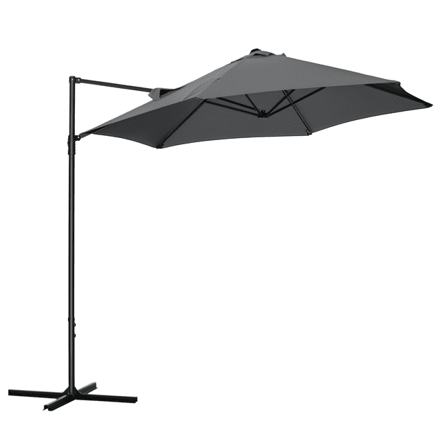 Outsunny parasol de Patio Offset de 8,5 Pi avec rotation à 360° et design Déporté, Doté d'Un Auvent en polyester Ventilé Gris Foncé et d'Un Cadre en Acier Enduit de Poudre. le parasol Comprend une Poignée de Poussée pour une Ouverture et une Fermeture Faciles, une Sangle pour un Rangement Sécurisé, et une base stable avec Vis de Fixation. Convient pour Offrir de l'Ombre sur le Patio Ou une Couverture de parasol de Jardin au-Dessus d'Aire de Séjour Extérieure comme les Piscines, patios Ou Jardins.