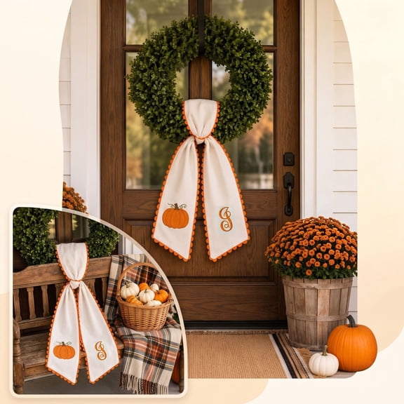 CaiYueKe Fall Wreath Sash 127x12.7cm, Pumpkin Embroidered Wreath Ribbon with Orange Scalloped Edge, Thanksgiving Halloween Front Door Wreath Decor Bow for Porch Mantel Wall