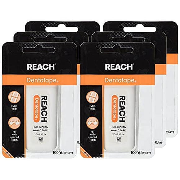 Reach Dentotape Fil Dentaire Ciré avec Surface de Nettoyage Extra Grand pour Grands Espaces entre les Dents, Non Aromatisé, 100 Yards, Lot de 6