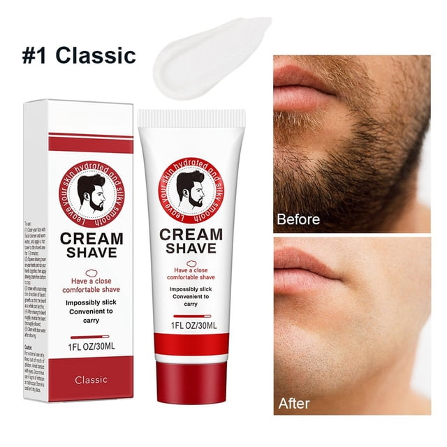 Gentle and Smooth Men's Shaving Cream, a soothing and moisturizing formula designed for a tight and comfortable shaving experience. The image shows a 30ml tube labeled 'Cream Shave' with a red and white design, alongside its packaging box. A close-up comparison of a man's beard before and after shaving highlights the product's effectiveness. The cream's rich, creamy texture is displayed in a small swatch above the packaging.