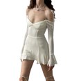 thumbnail image 2 of Women Mesh Mini Dress Vintage Printed Long Sleeve Off Shoulder Backless Ruched Bust Summer Beach Streetwear, 2 of 5