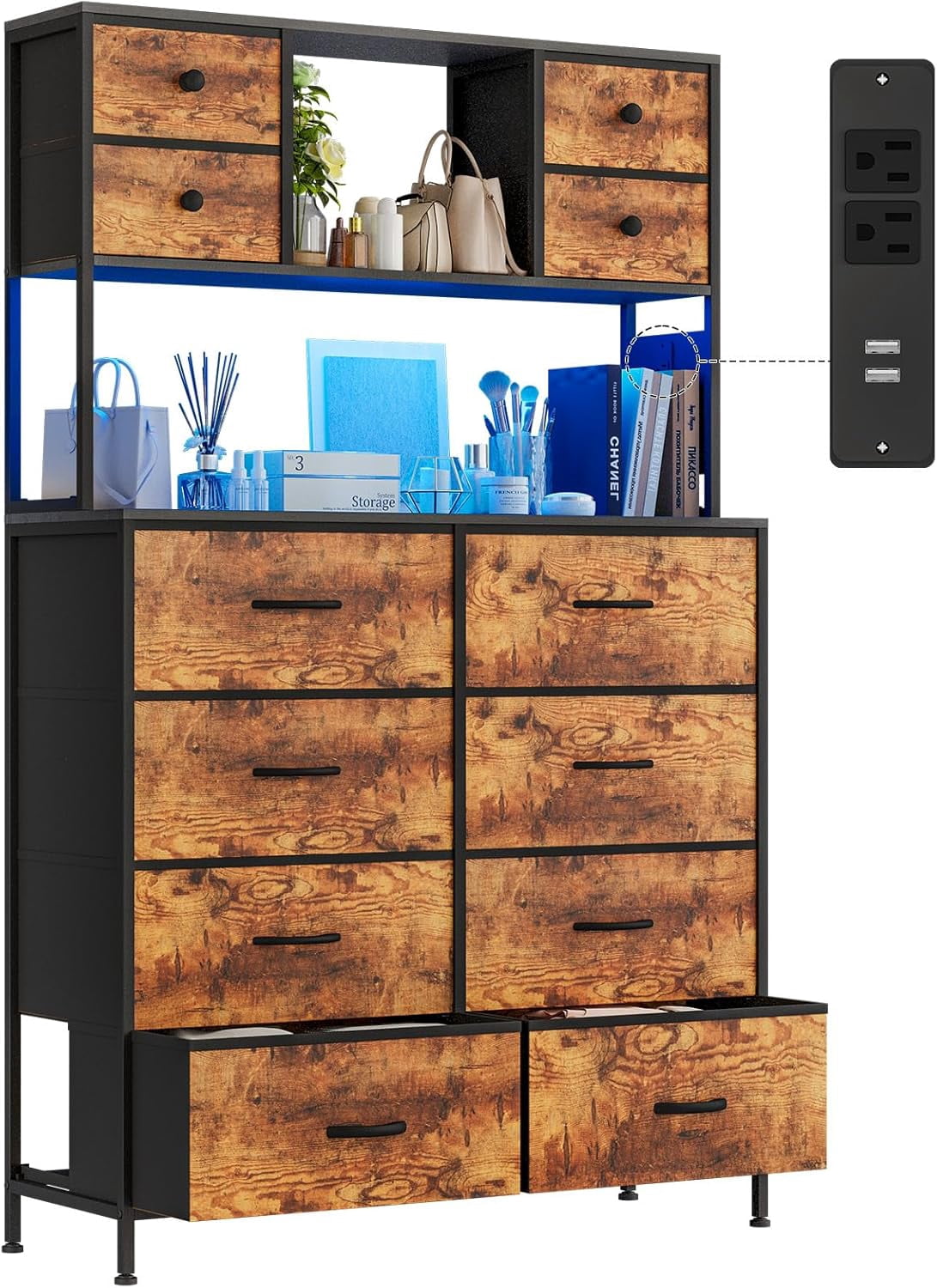 Dresser for Bedroom with 12 Drawers, Chest of Drawers for Bedroom Clearance, Bedroom Dresser, Fabric Drawer and Wooden Top with Steel Frame for Living Room