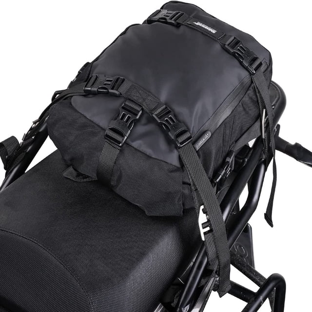 Motorcycle Tail Bag 10L Waterproof Motor Pannier Bag in black, mounted on a motorbike rear rack. Designed for motorcycle cargo storage, it features durable buckles, adjustable straps, modular combination options, and a detachable waterproof inner bag. Includes reflective logo for night riding safety.