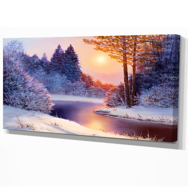Designart - Christmas forest with river - Landscapes Painting Print on Wrapped Canvas
