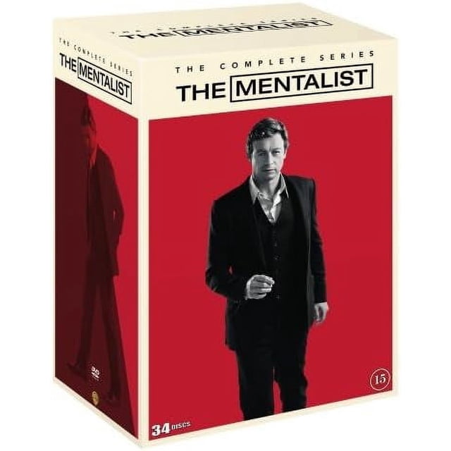 The Mentalist complete series DVD box set featuring all seven seasons of the CBS drama television series. The packaging showcases a striking red background with a silhouette of a man in formal attire. Includes 34 discs and English-only audio.