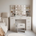 thumbnail image 3 of Bingirl Vanity Desk with Mirror and LED Lights, Makeup Vanity with Power Outlet, 3 Colors Light, Makeup Table with 5 Drawers & Open Shelves for Bedroom, 3 of 7