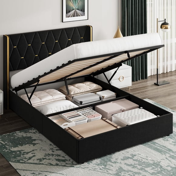 Full Size Lift Up Storage Bed Frame with with Gold Wingback Headboard, Velvet Upholstered Bed Frame with Diamond Tufted Design & Gold Trim, Hydraulic Support, No Box Spring Needed, Black
