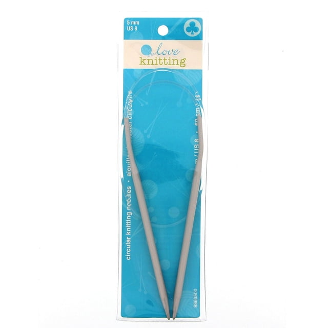 Love Knitting 24" Circular Knitting Needles in 5 mm US 8 size, aluminum needles with a smooth finish connected by a flexible cable on blue packaging featuring yarn ball graphics, suitable for knitting in the round and various knitting projects.