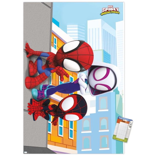 Marvel Spidey and His Amazing Friends - Affiche Murale Murale, 22,375 Pouces x 34 Pouces Représentant Trois Personnages de Spider-Man Animés Grimpant sur un Bâtiment de la Ville avec des Fenêtres Colorées et des Gratte-Ciel en Arrière-Plan, Imprimée sur Papier Lustré aux Couleurs Vibrantes, Convient à la Décoration de Chambre d'Enfant Ou de Salle de Jeux.