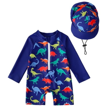 Zanarzt Toddler Boy Rash Guard Swimsuit Toddler Baby Boy Rash Guard Swimsuit Long Sleeve Zipper Bathing Suit with Hat Beach Swimwear Dark Blue,3-4 Years