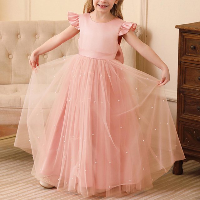 LOVZFMLL Girls' Summer Short Sleeve Ruffled Lace Round-Neck Embroidery Mesh Princess Bow Skirt