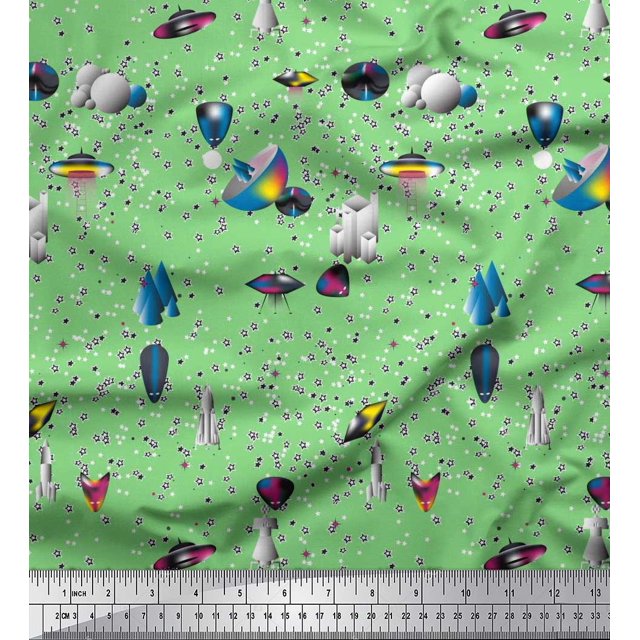 Soimoi Poly Georgette Fabric Spaceship,Star & Satellite Cartoon Print Sewing Fabric Yard 52 Inch Wide