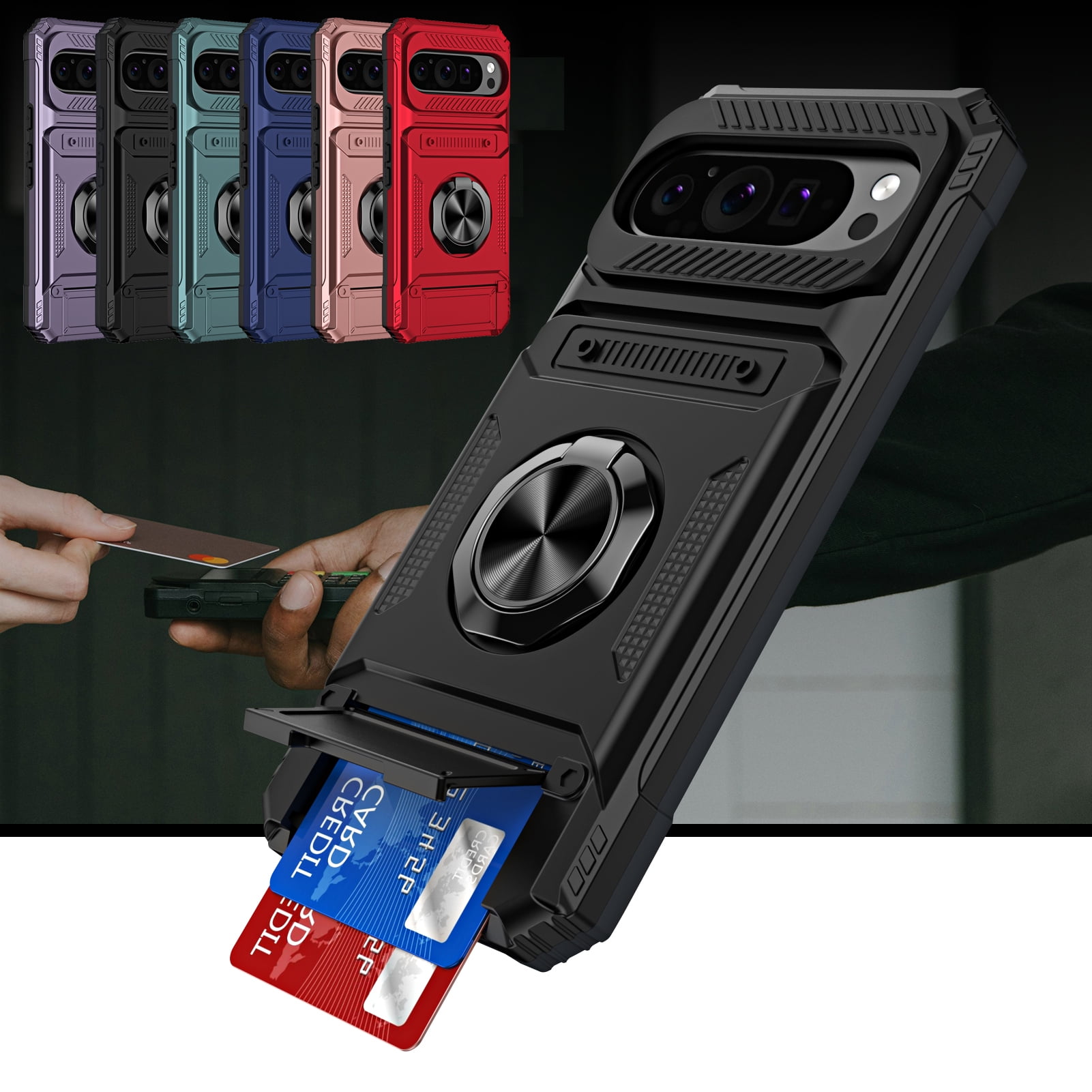 ShieldPlus for Google Pixel 9 Phone Case with Finger Ring Holder Kickstand, Heavy Duty Shockproof Rugged Protective Case for Pixel 9 Pro 6.3 Inch, Working with Magnetic Car Phone Mount,Black