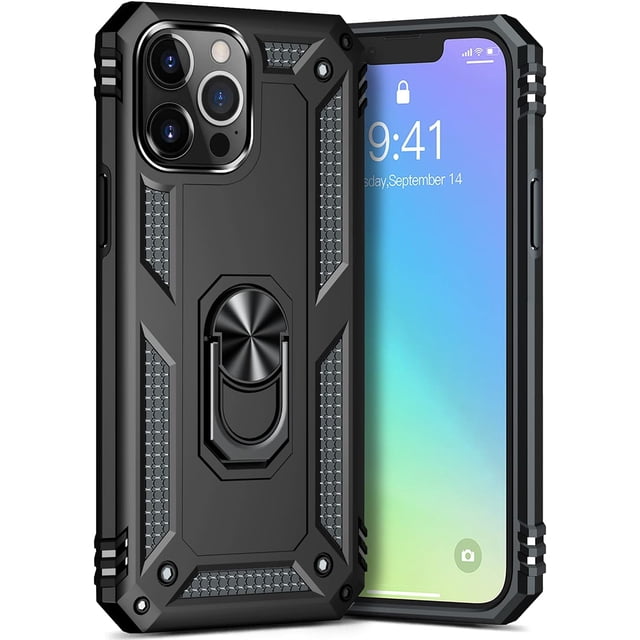 iPhone 13 Pro Case, Military Armor 360° Unbreakable Swivel Ring Kickstand in black, featuring a heavy-duty dual-layer design of hard PC and soft TPU for shockproof protection. Includes raised bezels for screen and camera safety, precise cutouts for buttons and ports, and compatibility with magnetic car mounts. Ideal for hands-free viewing and designed for iPhone 13 Pro 6.1-inch (2021 release).