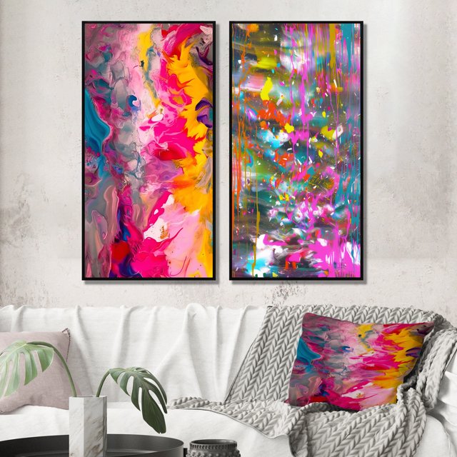 Designart « Rétro Groove Été Expressionnisme Abstrait » Peinture Abstraite Ensemble d'Art Mural Encadré de 2 - Ensemble d'Art Mural Encadré Moderne Rose de 2