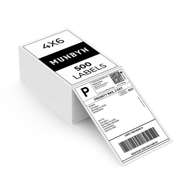 MUNBYN Thermal Direct Shipping Label pack of 500 blank 4x6 inch white labels with one label printed with a USPS Priority Mail 2-Day shipping barcode and address, ideal for office and e-commerce mailing and shipping supplies.