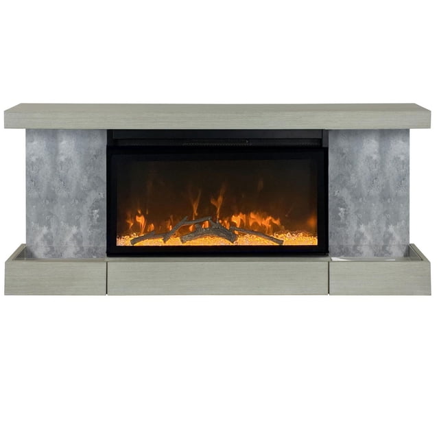 Electric Fireplace Floating Mantel Shelf with Lighting, Urban Cement, displaying a front-facing grey electric fireplace insert with glowing orange flames and black faux logs, set within a grey cement-textured surround and topped by a light grey floating mantel shelf with illuminated side shelves and a hidden drawer, suitable for modern compact spaces with adjustable heat and flame settings via remote.