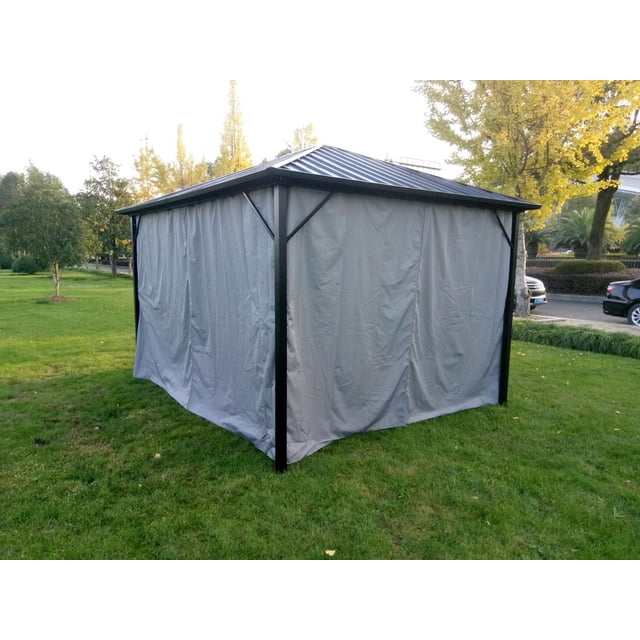 Dura Niagara 10x12ft Gazebo Curtain set with four grey polyester curtains featuring zippers, fully enclosing a black metal frame gazebo with a dark roof on a green lawn, providing outdoor shade, privacy, and weather protection in an outdoor living space.