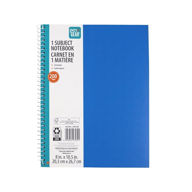 D03 NOTEBOOKS blue 1 subject spiral notebook with 200 lined pages, measuring 8 by 10.5 inches, featuring a sturdy front cover and white coil binding, ideal for office and school memo notepad use and quick reminders.
