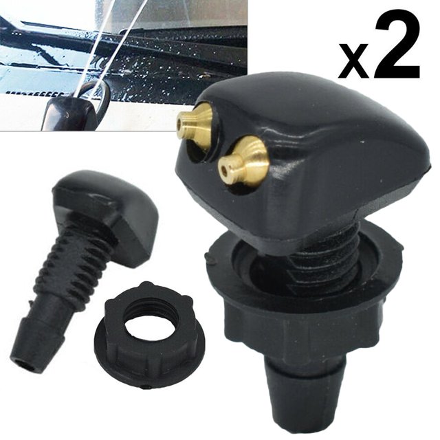 Universal Adjustable Dual Holes Windshield Washer Nozzle Wiper Water Spray Jet made of durable black ABS material. The image shows two washer nozzles with dual brass spray outlets, a threaded base for secure installation, and an additional mounting nut. Designed for universal car models, this replacement part ensures effective windshield cleaning. Includes two washer nozzles.