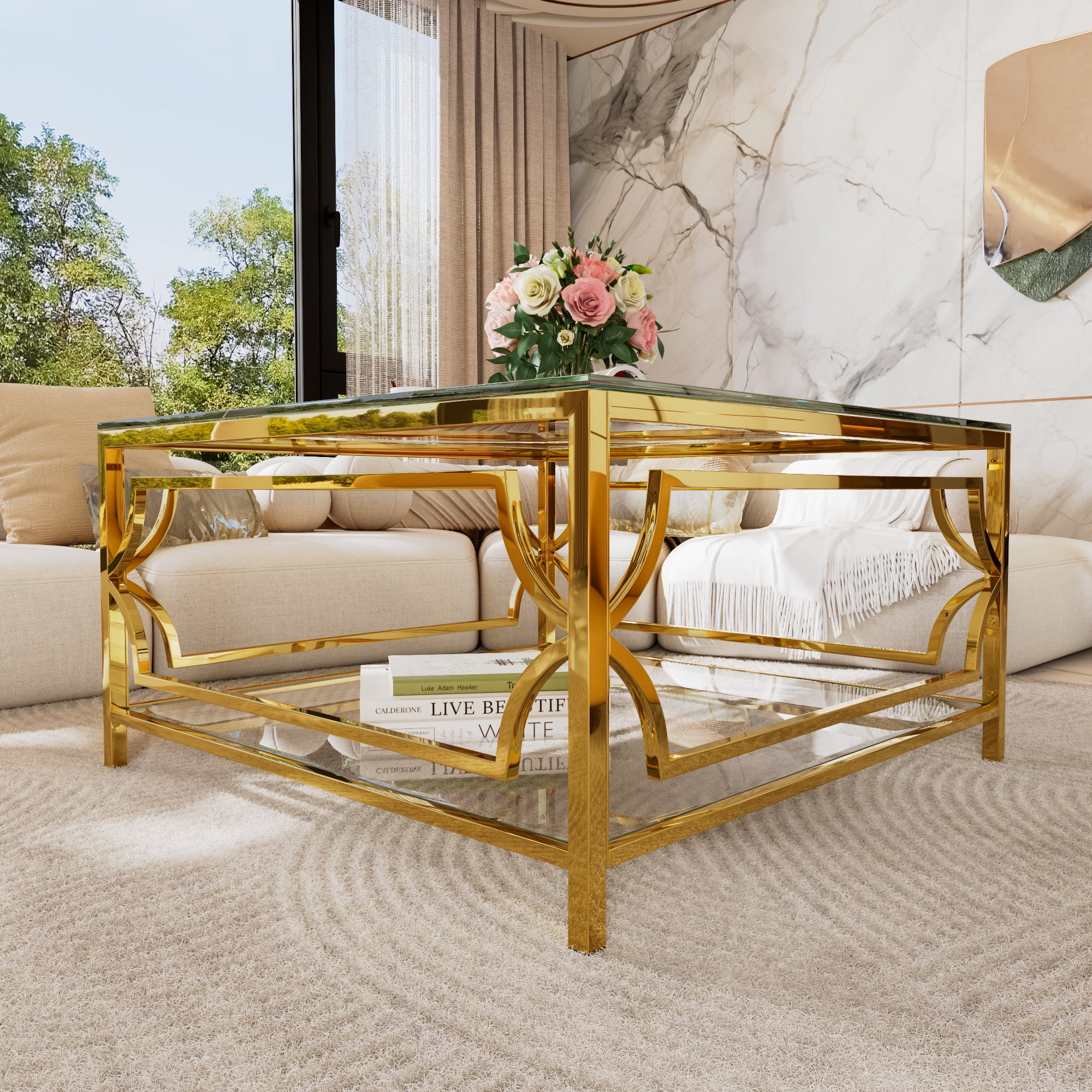 Table basse carrée en verre trempé Noble House 85 cm, transparente et dorée