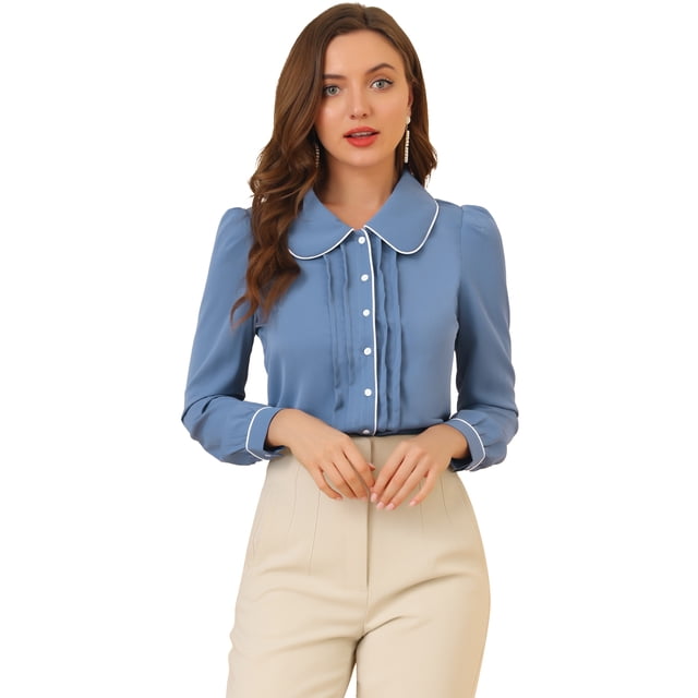 INSPIRE CHIC Women's Peter Pan Collar Work Blouse Puff Sleeve Button Down Shirt