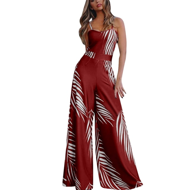 B91xZ Combinaison Large pour Femmes Bretelles Spaghetti Réglables Salopettes Longues Pantalon Harem avec Poches, Rouge S