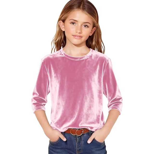 AWZXDE T-Shirt en Velours pour Filles à Manches 3/4, Doux, Col Rond, Hauts Décontractés pour Filles, T-Shirt de Base Confortable 3-14 Ans