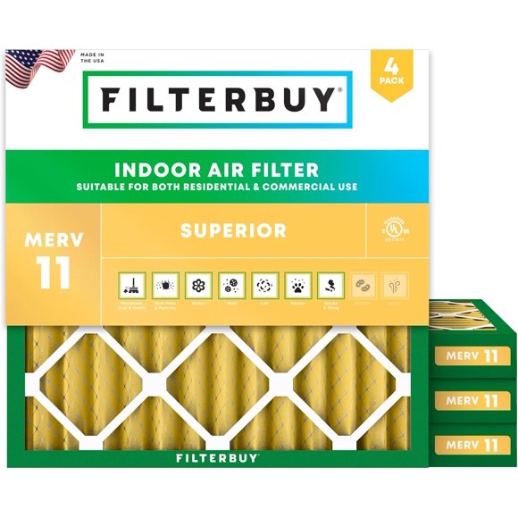 Filterbuy 10x10x2 MERV 11 (MPR 1200) Allergen Defense, Pleated HVAC AC Furnace Air Filters (4-Pack)