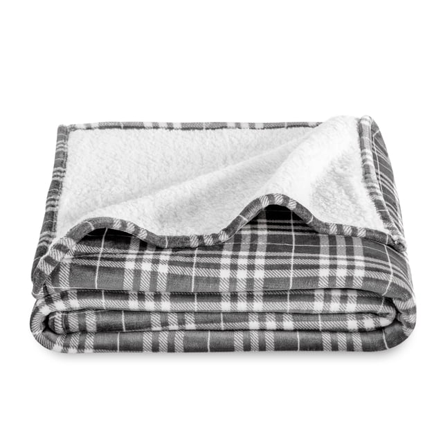 Bare Home Plush Sherpa Bed Blanket - Fluffy & Soft - Reversible - Lightweight - Twin/Twin XL, Stirling Plaid - Gray/White