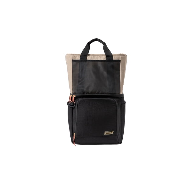 Coleman Now Backpack/Tote Bag Cooler, 20 Can (27QT) cooler in black and beige with padded shoulder straps, dual handles, front zippered pocket with Coleman logo, expandable side pockets for water bottles, and leak-proof insulated main compartment with TempLock insulation, made from 100% recycled fabric, ideal for camping and outdoor use.