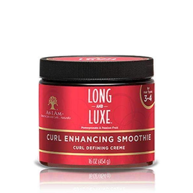 As I Am Long & Luxe Pomegranate & Passion Fruit Curl Enhancing Smoothie, a 16 oz (454 g) curl defining creme in a red jar with black lid, ideal for high definition twists and twist-outs. Features a lightweight, hydrating formula that moisturizes and conditions hair while fighting frizz and preventing flakes.