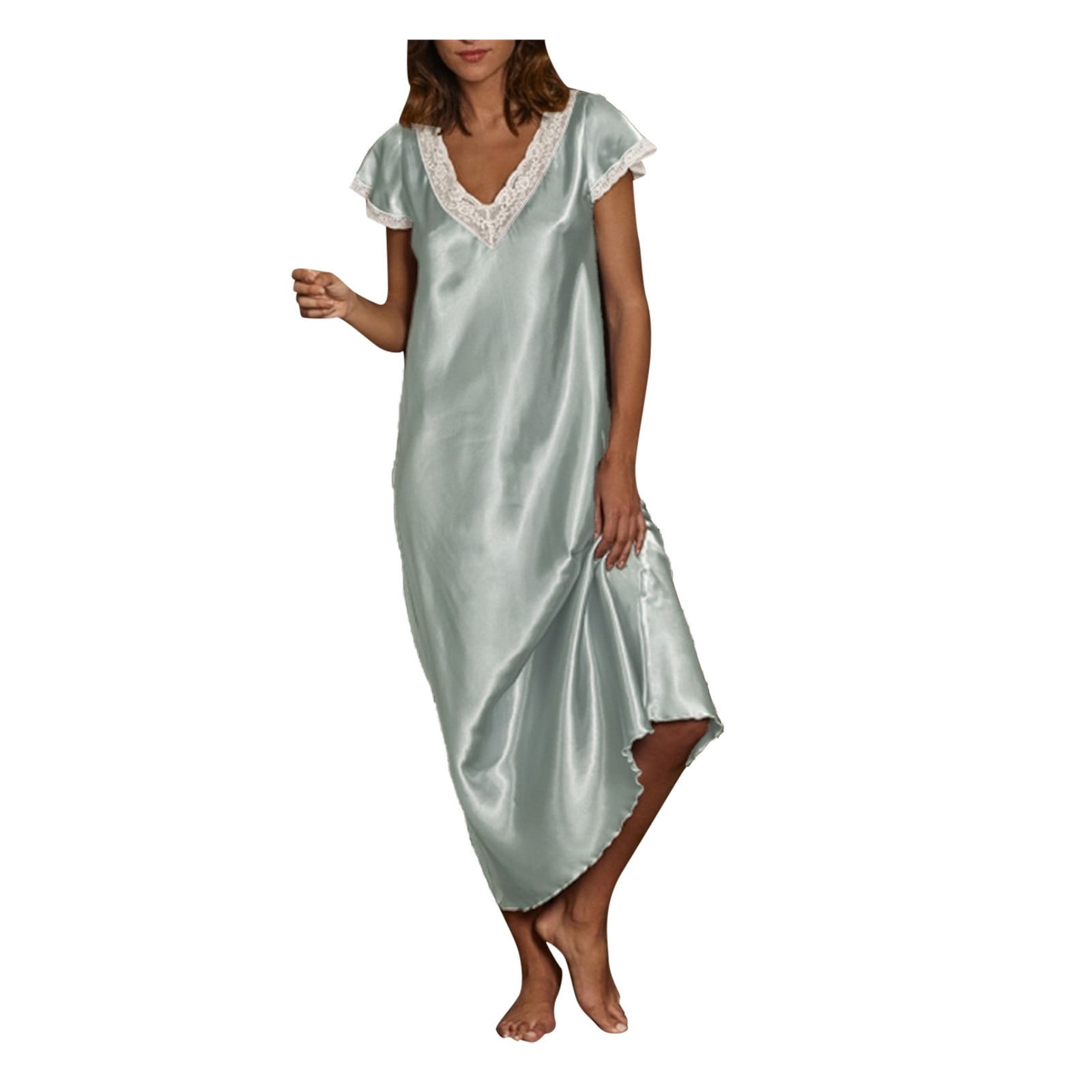 Robe à Manches Courtes Femmes Manches Courtes Col en V Tenue d'Intérieur Pyjamas Longue Robe Chemises de Nuit Vêtements de Nuit