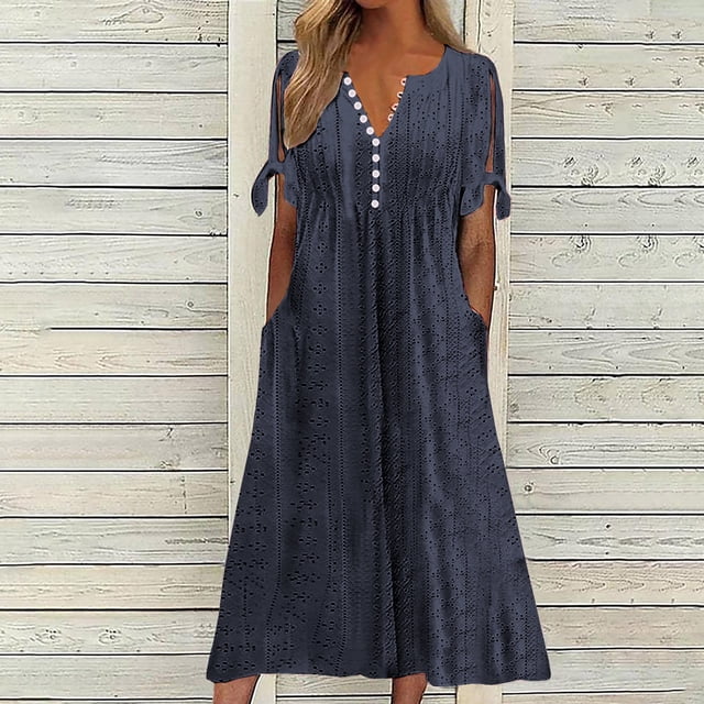 Babysbule Liquidation Robes d'Été pour Femmes, Mode Femmes Décontractée Ample Imprimé Papillon Col en V Manches Mi-Longues Boutons Poches Robe Longue