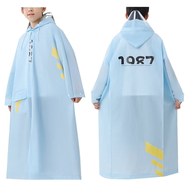 PMVFHDE Rain Poncho Children's Raincoat Hidden Backpack Riding Rain Suit Long Large Children's School Poncho Light Blue,12-14 Years