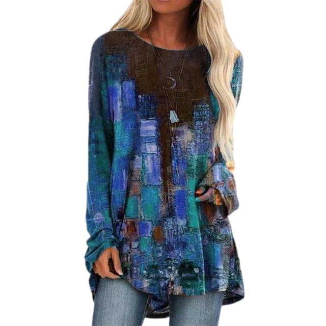 LUXUR Blouse Chemise à Manches Longues pour Femme Col Ras du Cou Tunique Décontractée Hauts Chandail à Blocs de Couleur Teinture sur Nœuds 6 S