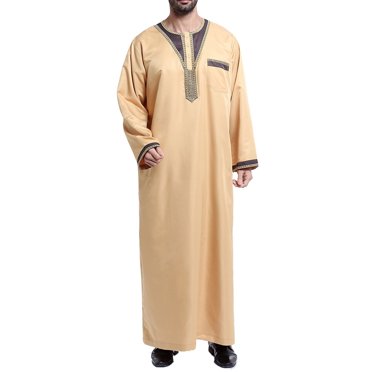 Pompotops Robe Musulmane pour Homme Robe Arabe Mi-Longue Motif Broderie Manches Longues Col Montant Poche Longue Chemise Mode Décontractée Robe en Solde