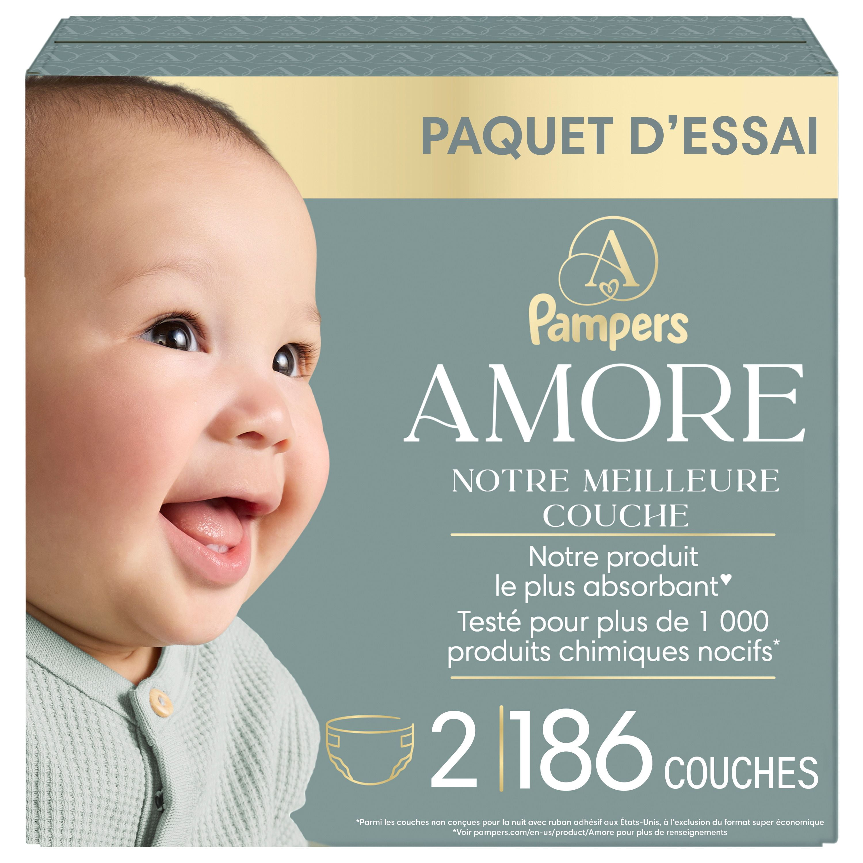 NOUVEAU Pampers AMORE, taille 2 (4,5 à 10 kg [10 à 22 lb]), notre meilleure couche, 186 unités