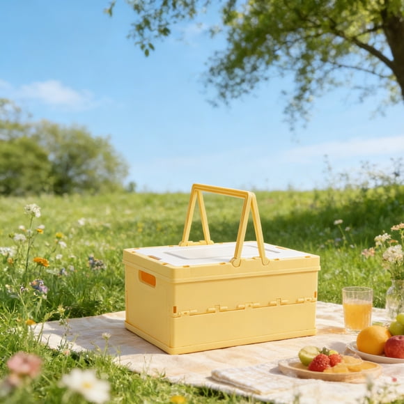 Clearance! Foldable Storage Box with Lid & Handle | Multi-Functional Organizer for Camping & Home | 14.37x10.43x7.28in Plastic Basket in Orange, Yellow, Pink, Red, Black, Green