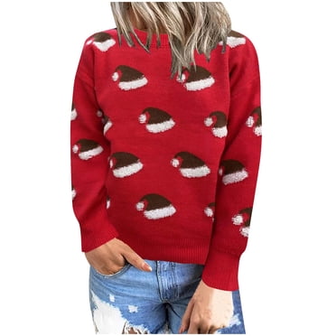 TIMIFIS Chandail de Noël pour Femmes chandail Décontracté Chandails de Vacances Hauts Décontractés Père Noël Renne Imprimé Col Rond Manches Longues Chandail d'Hiver