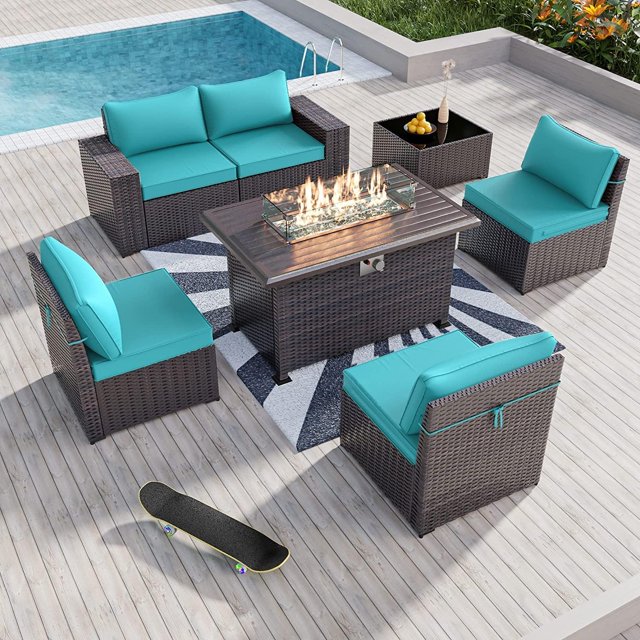 Kullavik 7 Pieces Outdoor Patio Furniture Set with 43" Gas Propane Fire Pit Table PE Wicker Rattan Sectional Sofa Patio Conversation Sets,Blue