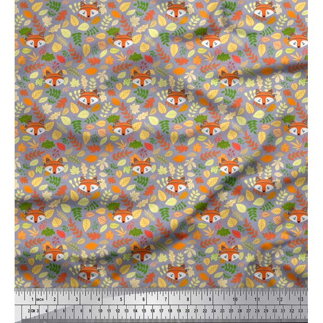 Soimoi Poly Georgette Fabric Leaves & Fox Face Cartoon Printed Craft Fabric by The Yard 52 Inch Wide
