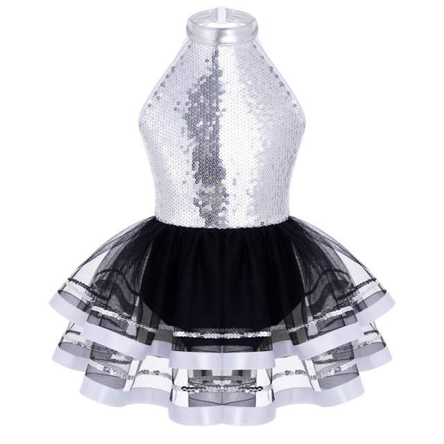 Oyolan Robe Justaucorps de Danse Ballet Métallique à Paillettes pour Filles avec Jupes en Tulle Robes de Performance Argent 14