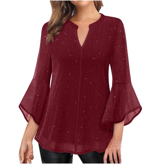 Meichang Clearance Womens Tops Ruffle 3/4 Sleeve Notch V Neck Double Layers Mesh Shirts Dressy Casual Flowy Blouses for Work