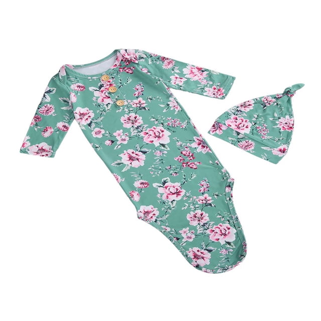 Baby Sleeping Bag Set Sleepsuit Newborn Long Sleeves CrewNeck Flower Print Sleeping Hat Swaddles Sleeping Sack