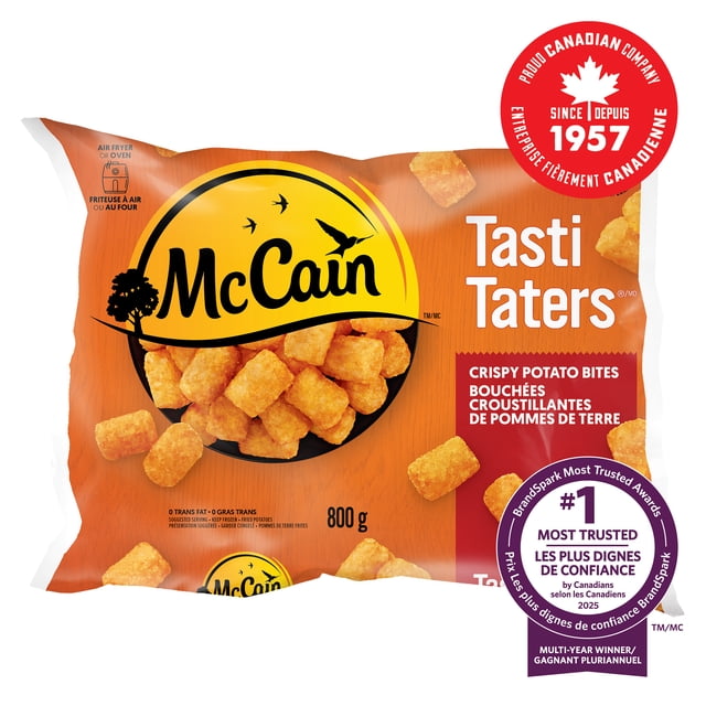 McCain® Tasti Taters® 800 g bag of frozen crispy potato bites made in Canada, featuring the yellow McCain logo with birds and a tree on an orange background, labeled trans-fat free and suitable for oven or air fryer cooking, recognized as the most trusted Canadian brand in 2025 and a proud Canadian company since 1957.